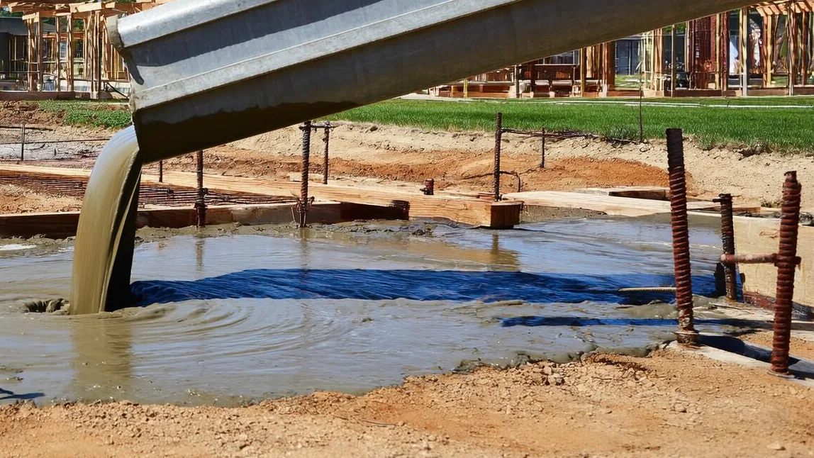 Concrete pouring down a truck chute into a formed footing with rebar on a job site