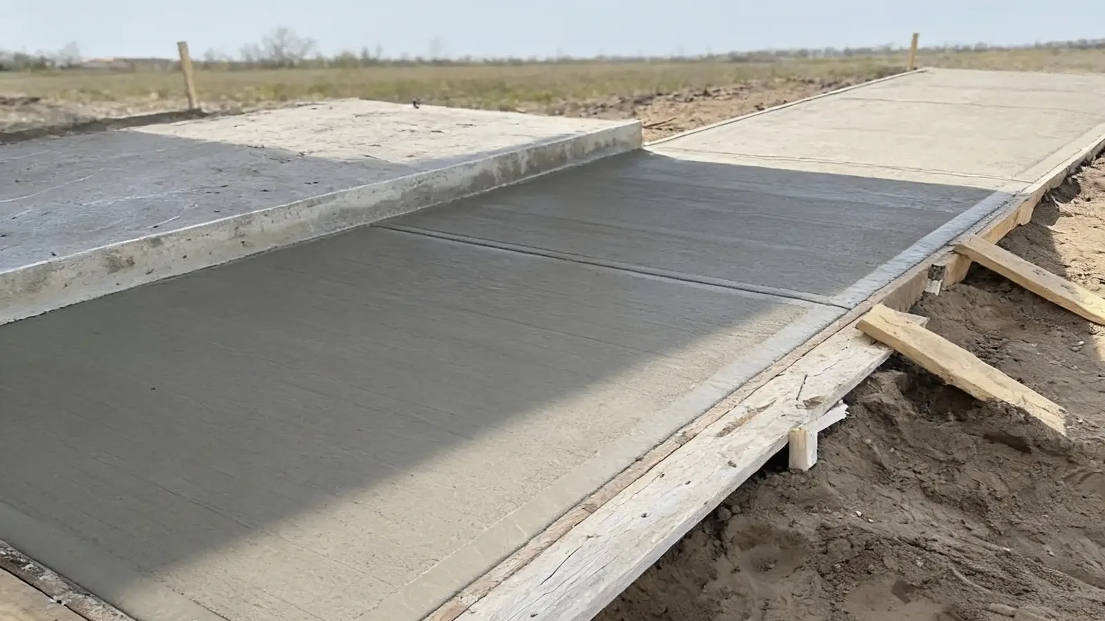 Freshly finished concrete pad with the wood forms still in place on a graded building site