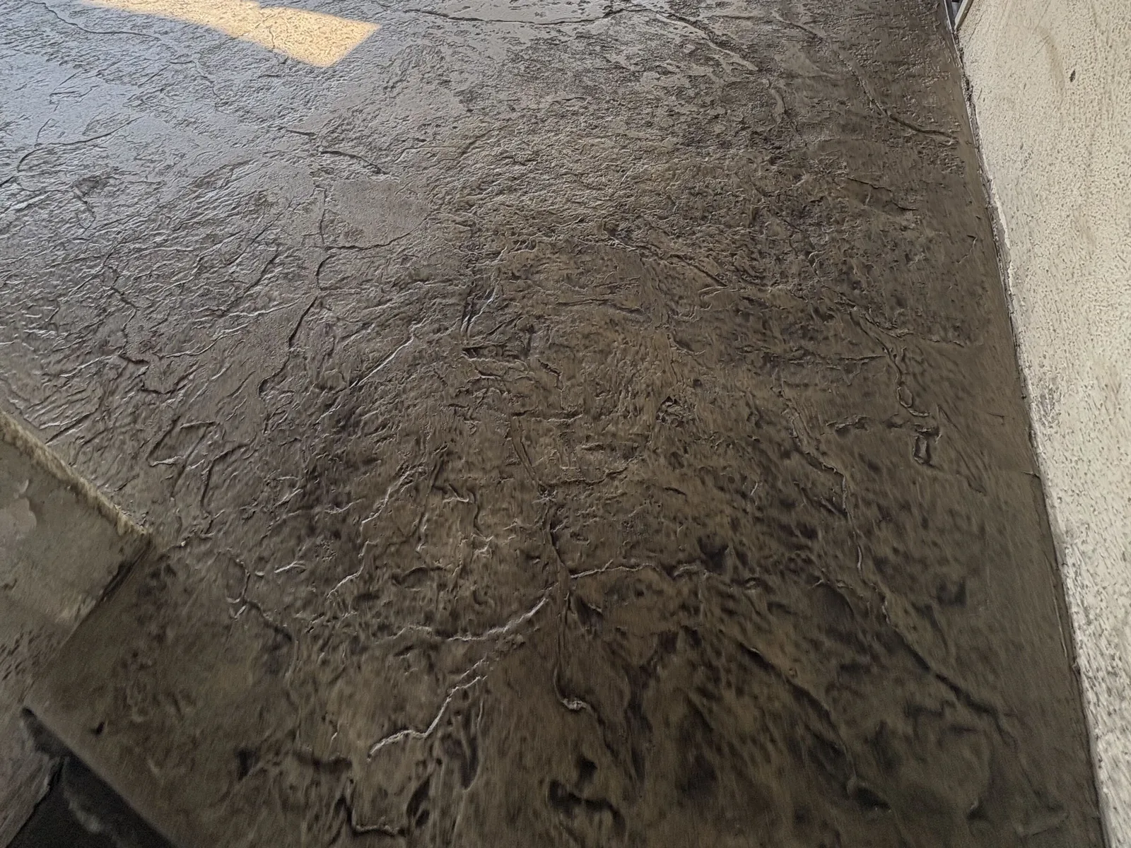 Stamped concrete patio floor under a covered patio at a Modesto-area home